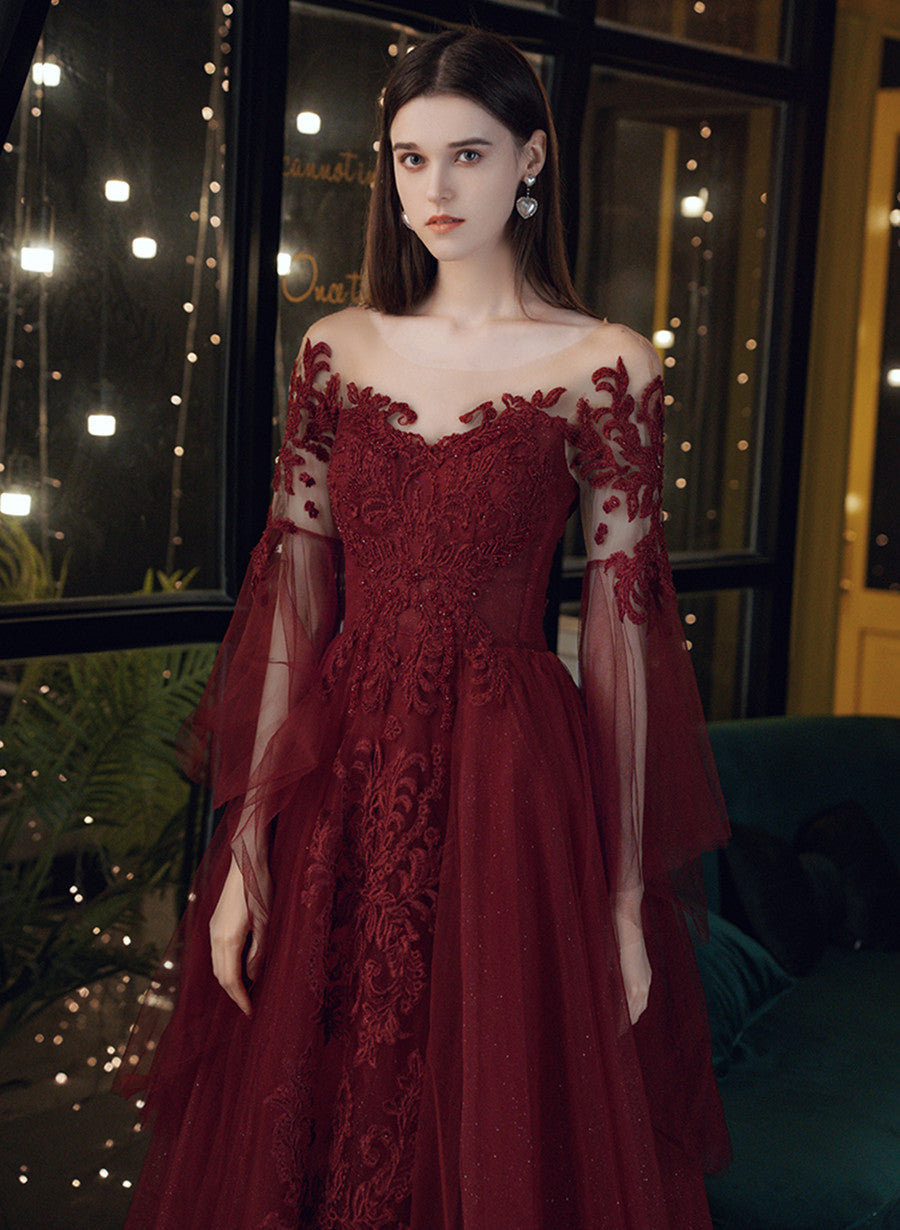 Vestido de fiesta largo de tul rojo vino con apliques de encaje 