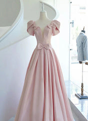 Pink Satin Long Short Sleeves Prom Dress Party Dress