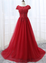 Elegant Red Tulle Long Prom Dress with Lace Applique