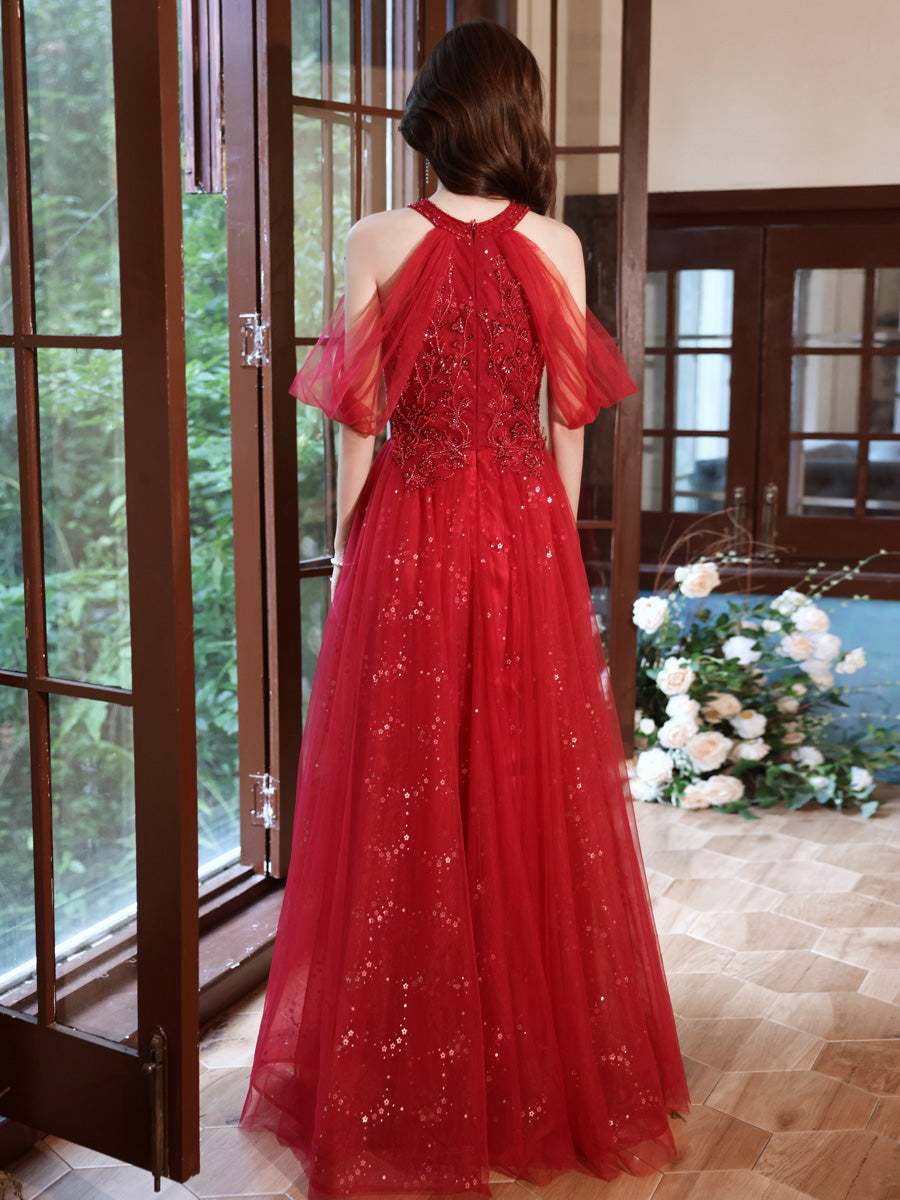 Vestido de fiesta largo con hombros descubiertos, lentejuelas rojas y cuentas 