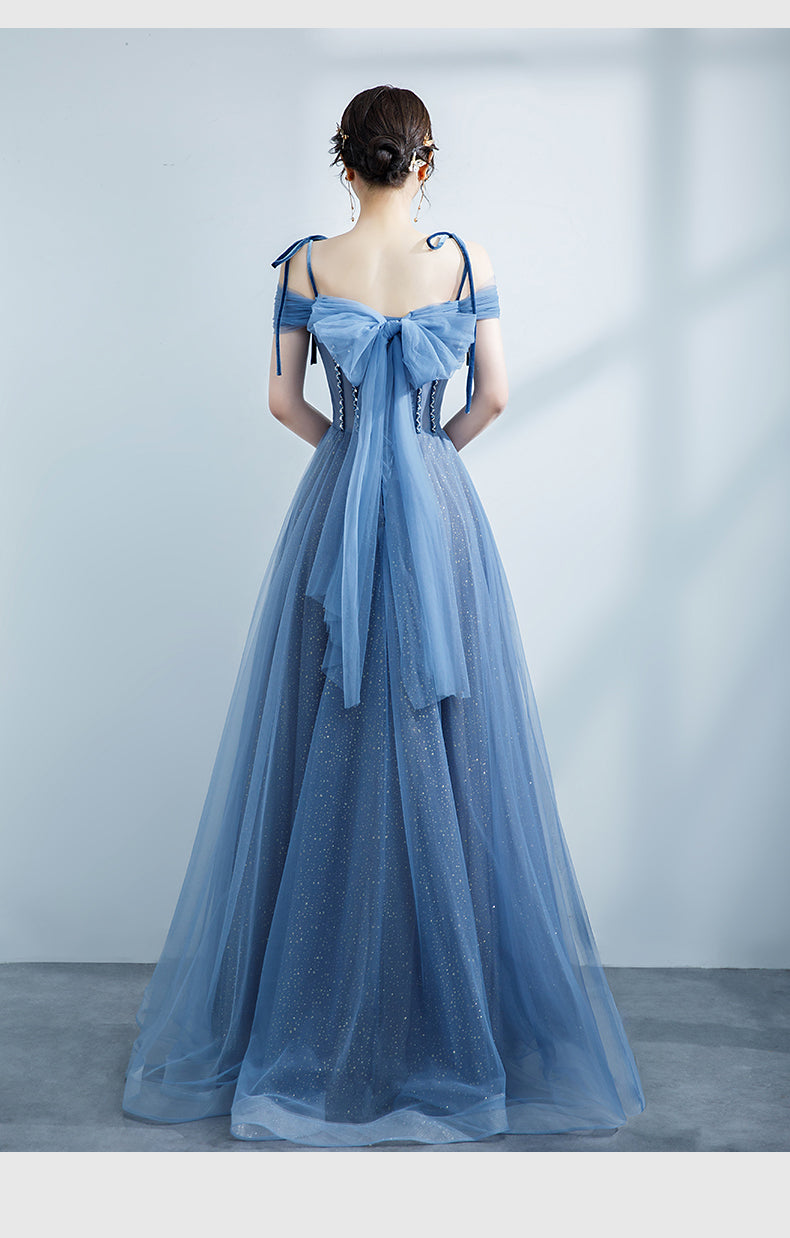 Blue Shiny Tulle Off Shoulder Beaded Straps A-line Party Dress