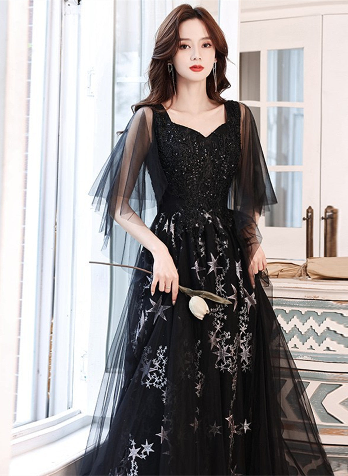 Black Beaded Straps A-line Floor Length Party Dress