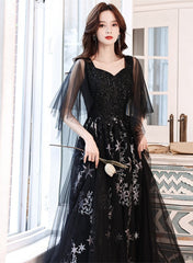 Black Beaded Straps A-line Floor Length Party Dress
