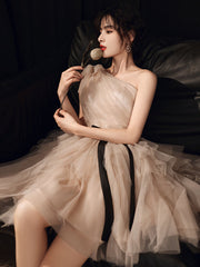 Champagne One Shoulder Tulle Short Party Dress
