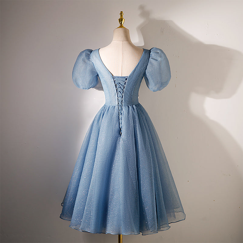 Blue Beaded Tulle Short Sleeves Formal Dresses