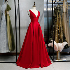 Red Satin Deep V-neckline Prom Gown