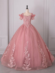 Vestido de fiesta de tul rosa con apliques de encaje para quinceañeras 