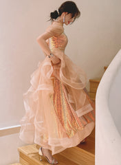 Vestido de noche largo rosa de tul y lentejuelas de corte A 