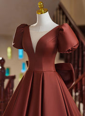 Vestido de fiesta largo sencillo de satén con mangas cortas y escote en V 