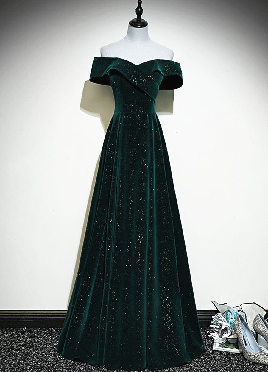 A-line Off Shoulder Green Velvet Simple Party Dress