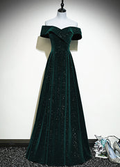A-line Off Shoulder Green Velvet Simple Party Dress