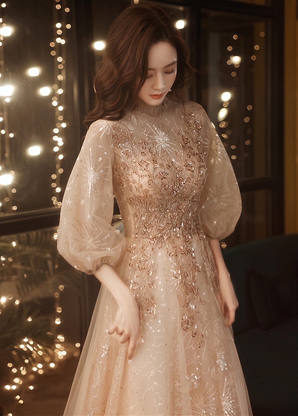 Light Champagne Tulle with Lace Long Party Dress