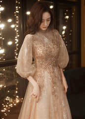 Light Champagne Tulle with Lace Long Party Dress