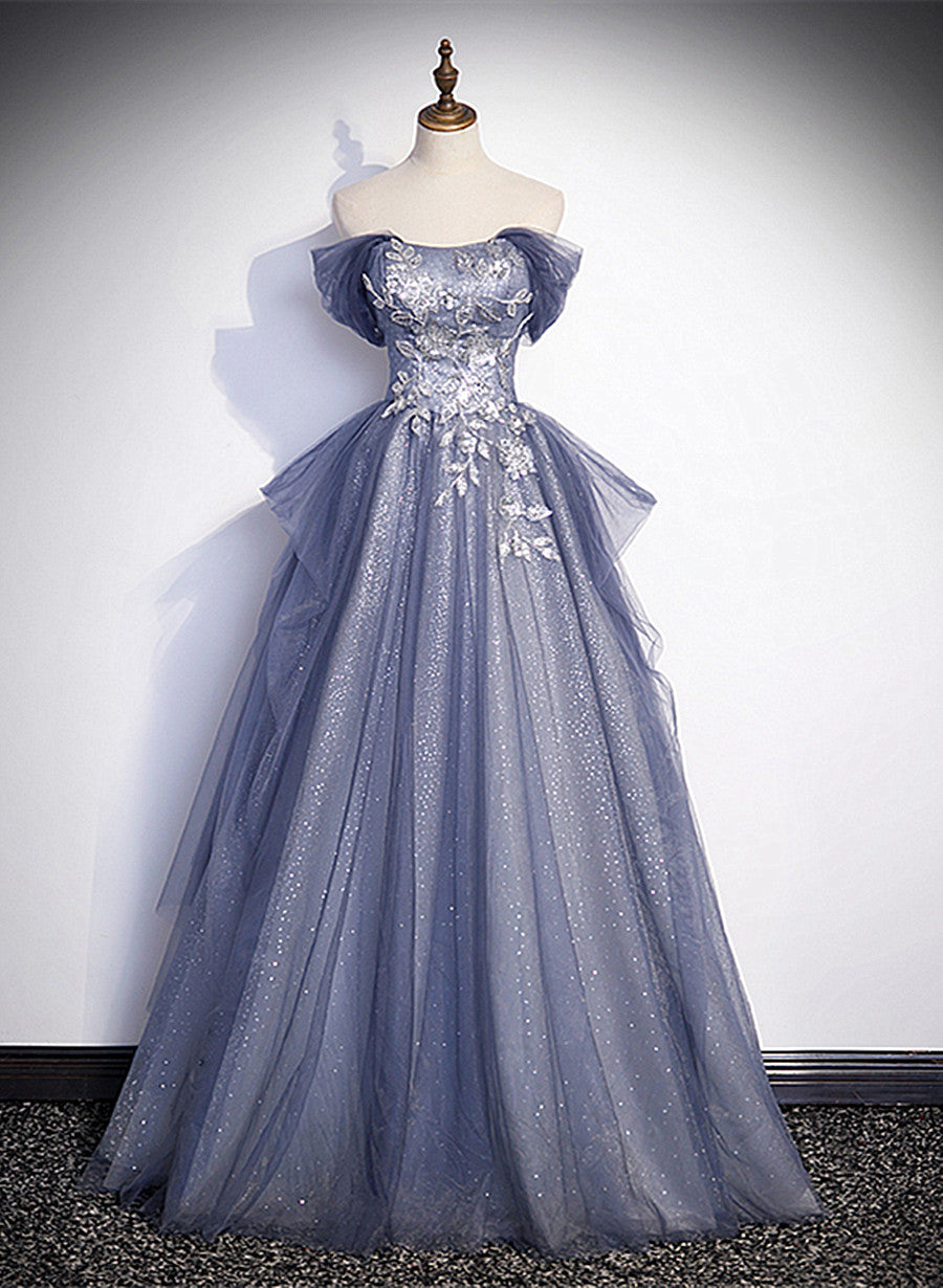 Blue-Grey Long A-line Off Shoulder Party Dress