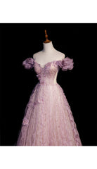 Vestido de fiesta largo de tul rosa con hombros descubiertos y flores 