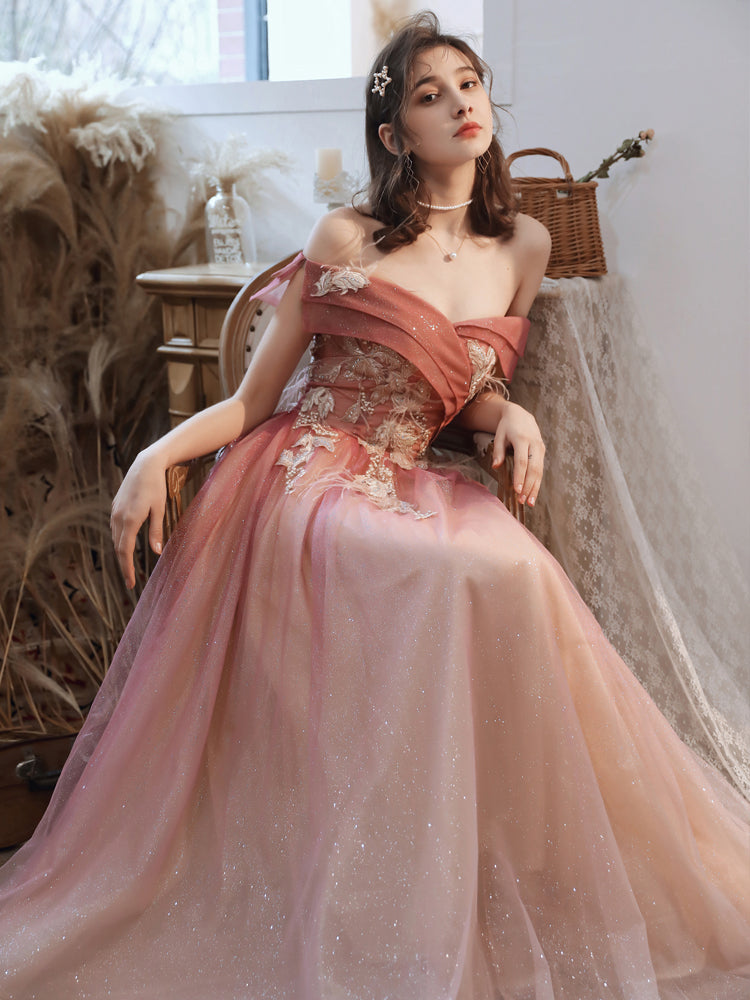 Gradient Pink Off Shoulder A-line with Flowers Prom Dress