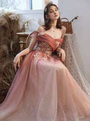 Gradient Pink Off Shoulder A-line with Flowers Prom Dress