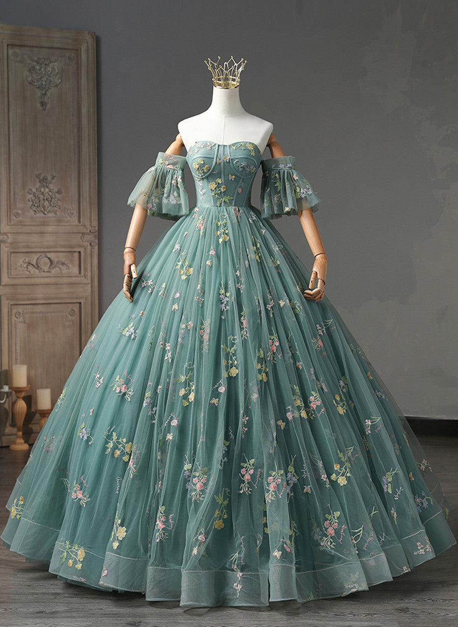 Vestido formal largo con hombros descubiertos y estampado floral verde 