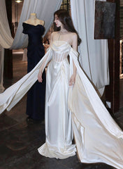 Vestido de noche largo de satén blanco con escote en A y escote redondo 