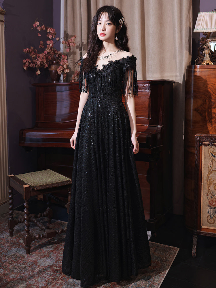 Black Sequins and Lace A-line Prom Dress