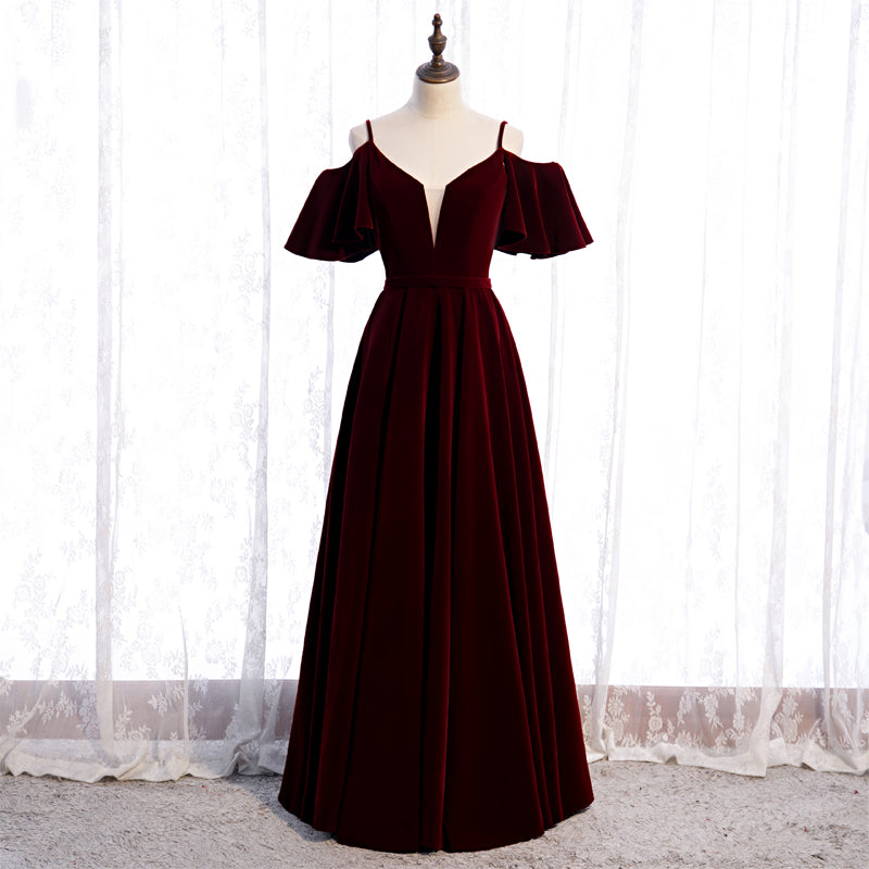 Beautiful Wine Red Velvet Off Shoulder Floor Length Party Dress