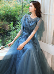 Vestido de fiesta largo de tul azul verdoso con corte A y encaje 