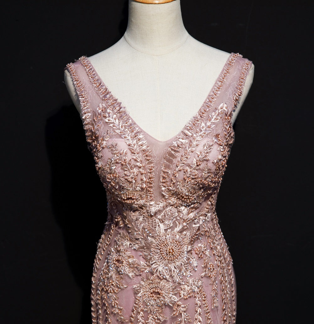 Pink Mermaid Tulle Long Evening Dress with Lace