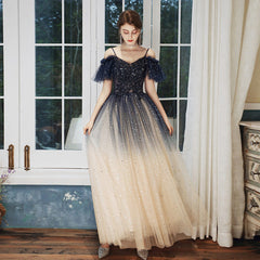 Vestido de fiesta largo de corte A con tul degradado y tirantes azul marino 