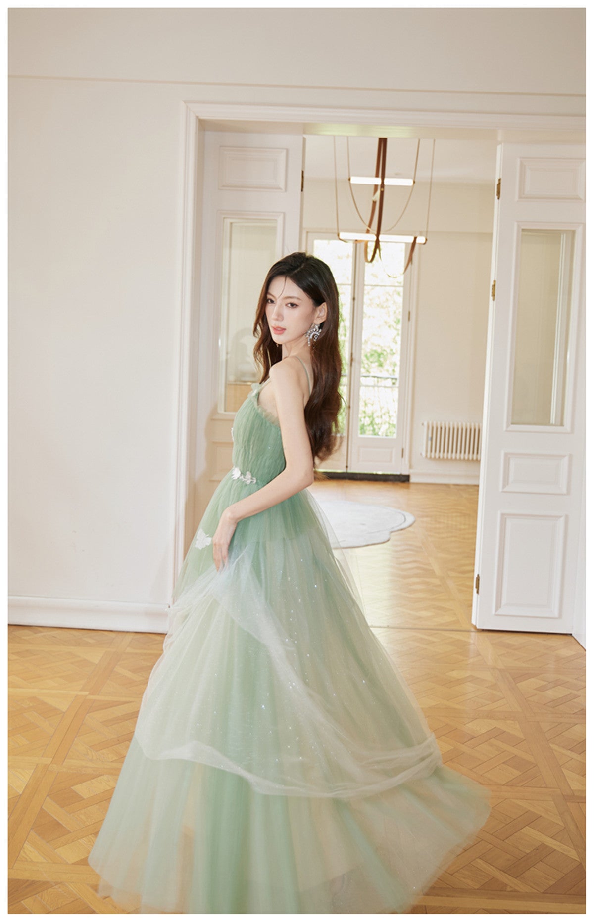 Light Green Tulle Straps Long Prom Dress