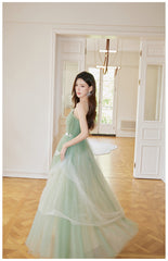Light Green Tulle Straps Long Prom Dress
