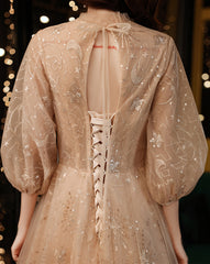 Light Champagne Tulle with Lace Long Party Dress