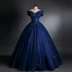 Vestido de fiesta azul marino con hombros descubiertos de tul y encaje para dulces 16 