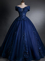 Vestido de fiesta azul marino con hombros descubiertos de tul y encaje para dulces 16 