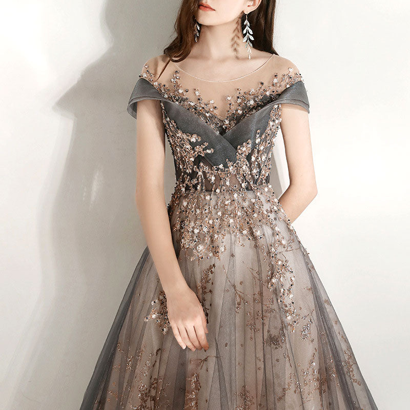 Vestido de fiesta largo de tul con encaje gris y champán 