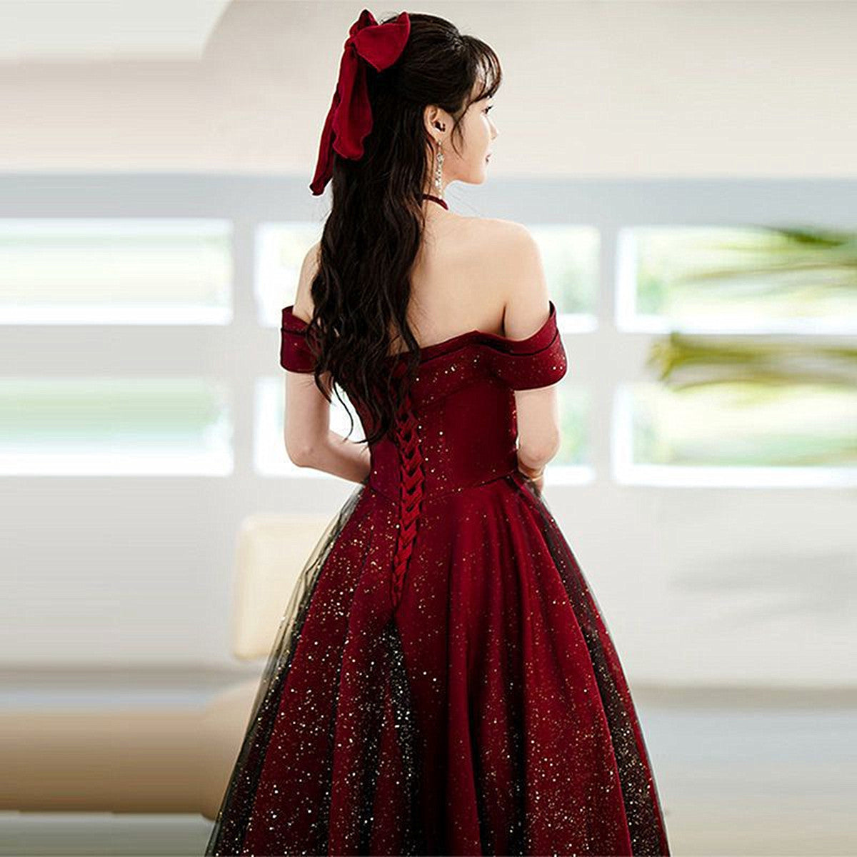 Wine Red and Black Off Shoulder Satin Party Dress