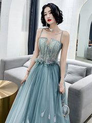 A-line Tulle Straps Long Blue Floor Length Party Dress