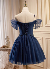 Vestido de fiesta corto de tul azul marino con cuentas 