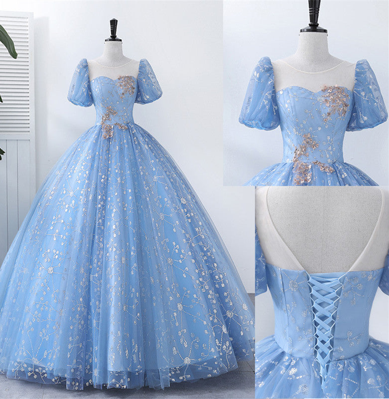 Light Blue Tulle Short Sleeves Long Formal Dress