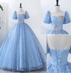 Light Blue Tulle Short Sleeves Long Formal Dress