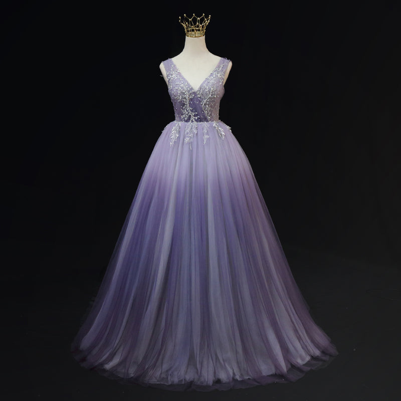 Vestido formal con apliques de encaje degradado de tul morado claro 