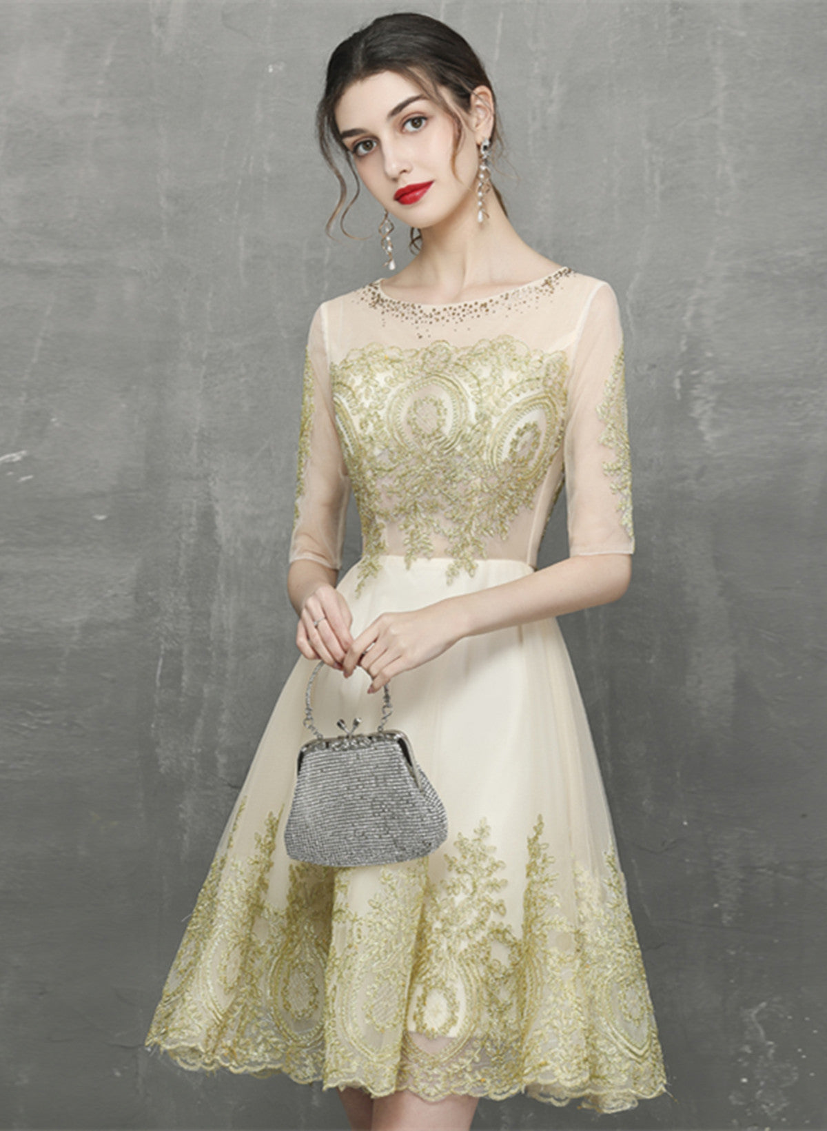 Champagne Knee Length Tulle with Lace Party Dress