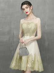 Champagne Knee Length Tulle with Lace Party Dress