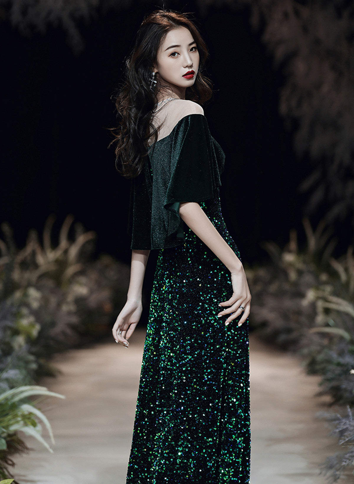 Dark Green Velvet and Sequins Mermaid Long Prom Dress