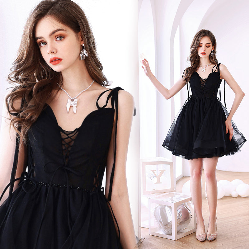 Black V-neckline Straps Short Party Dress