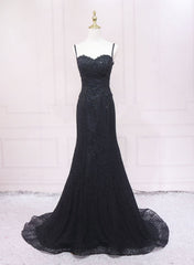 Vestido largo de fiesta con tirantes de encaje negro y vestido de graduación