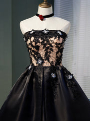Charming Black Satin with Lace Applique Homecoming Dress