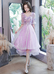 Lovely Light Purple High Low Tulle with Lace Party Dress