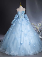Blue Flowers and Tulle Puffy Sleeves Prom Dress