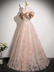 Vestido de fiesta con escote en forma de corazón, corte A, encaje champán y hombros descubiertos 