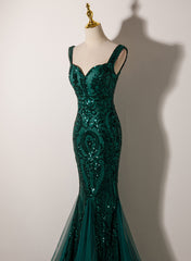 Green Mermaid Long Straps Sequins Long Prom Dress